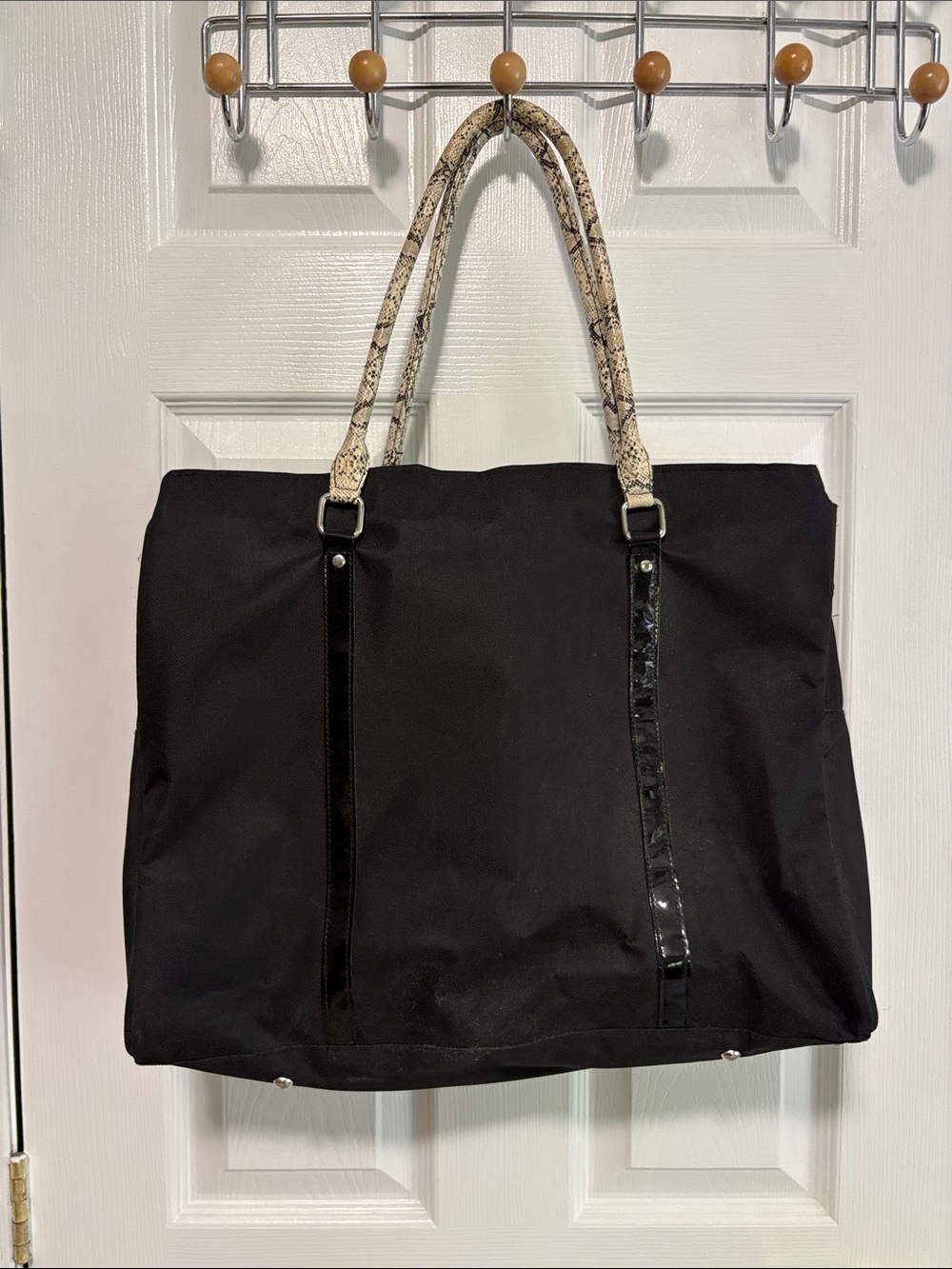 Black Tote Bag with Snake-Print Handles
